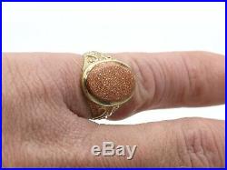 Vintage Gents/mens 9ct yellow gold ornate oval Goldstone Ring, Size O, 4.5g