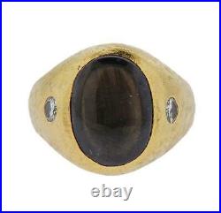 Vintage Genuine Black Star Sapphire Diamond Mens Ring 14k Gold Bezel Set