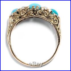 Vintage Gold RING in viktorianischen Formen mit Türkis & Perlen, Turquoise Pearl