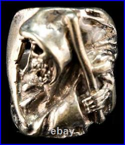 Vintage Grim Reaper Biker Ring Skull Scythe Sterling Silver