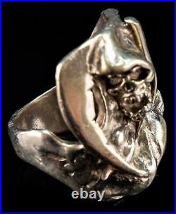 Vintage Grim Reaper Biker Ring Skull Scythe Sterling Silver