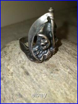 Vintage Grim Reaper Biker Ring Skull Scythe Sterling Silver size 13