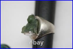 Vintage HANDMADE Carved Green Jade Buddha Sterling Silver MAN Ring Size 11