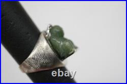 Vintage HANDMADE Carved Green Jade Buddha Sterling Silver MAN Ring Size 11