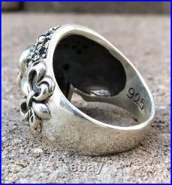 Vintage HUGE Sterling Silver Skull & Fleur De Lis Black Onyx Biker Gothic Ring