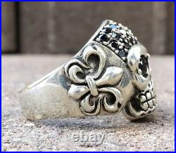 Vintage HUGE Sterling Silver Skull & Fleur De Lis Black Onyx Biker Gothic Ring