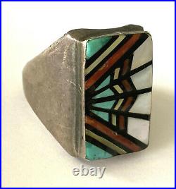 Vintage Heavy Angelena Laahty Zuni Inlay Multi Stone Mens Ring Sterling Size 9.5