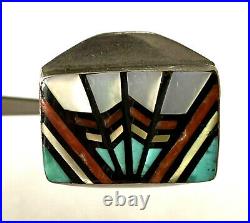 Vintage Heavy Angelena Laahty Zuni Inlay Multi Stone Mens Ring Sterling Size 9.5