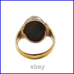 Vintage Heavy Chunky Solid 18K Yellow Gold Tiger's Eye Cabochon Oval Ring 9.25