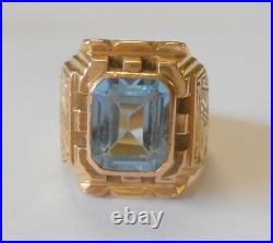 Vintage Heavy Mens Blue Topaz 14K Yellow Gold Ring Aztec Tribal Face Size 9.5