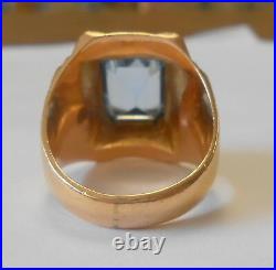 Vintage Heavy Mens Blue Topaz 14K Yellow Gold Ring Aztec Tribal Face Size 9.5