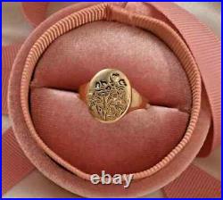 Vintage Jewelry Signet Men's Ring Botanical Design 14K Yellow Gold Plated Silver