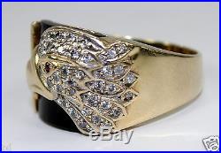 Vintage Korea 14K Yellow Gold Mens Ring 3-D Eagle Figural 0.3ctw Diamonds Ruby