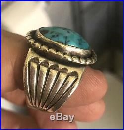 Vintage Large Hand Made Sterling Silver Men's Turquoise Ring Size 11 Signed