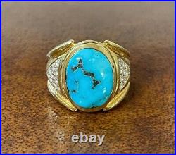 Vintage Large Turquoise Statement Ring 18K Yellow Gold Diamond 10 Mens Signet