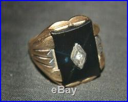 Vintage MEN'S 10K SOLID GOLD 5.7g ESTATE RING withONYX AND DIAMOND Sz. 9