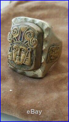 Vintage MEXICO BIKER RING AZTEC Inca EAGLE MAN Mexican Incan Warrior Sz 11
