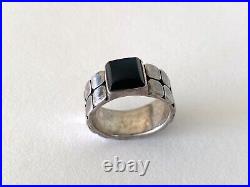 Vintage MID Century Modern Sterling Silver Dbl Square Relief Onyx Mens Ring Sz. 9