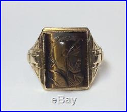 Vintage Mans 10k Yellow Gold Hand Carved Roman Soldier Cameo Ring Greek Sz 10