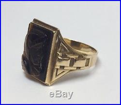Vintage Mans 10k Yellow Gold Hand Carved Roman Soldier Cameo Ring Greek Sz 10
