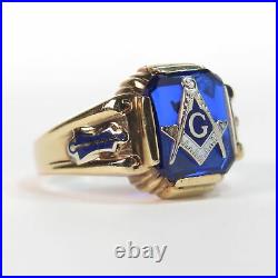 Vintage Masonic 10K Gold Men's Ring Sz 9 Blue Stone Enameling Arrrow Compass