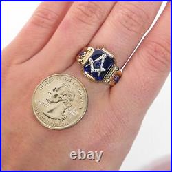 Vintage Masonic 10K Gold Men's Ring Sz 9 Blue Stone Enameling Arrrow Compass