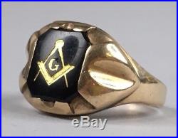Vintage Masonic 10k Mens Yellow Gold With Onyx Ring Size 11
