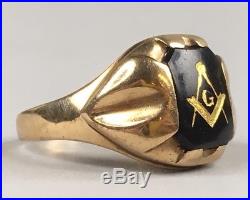 Vintage Masonic 10k Mens Yellow Gold With Onyx Ring Size 11