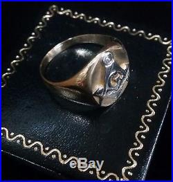 Vintage Masonic Men's 14k 2-tone Solid Gold Diamond Ring Sz. 9.25 w 8.4 Grams