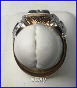 Vintage Masonic Mens Ring 32° White & Yellow 10k Enamel. 25 Diamond (J727)