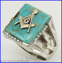 Vintage Masonic Natural Kingman Mine Turquoise 10k Solid White Gold Men's Ring