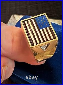 Vintage Men Diamond Signet Ring 14k GOD BLESS AMERICA Flag Unusal MOP LAPIS 10.5