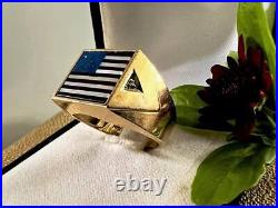 Vintage Men Diamond Signet Ring 14k GOD BLESS AMERICA Flag Unusal MOP LAPIS 10.5