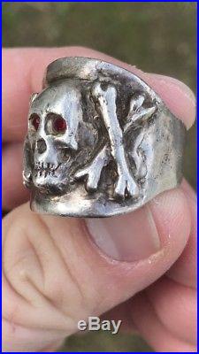 Vintage Men Sterling Silver Ruby Eye Antique Biker Skull Ring