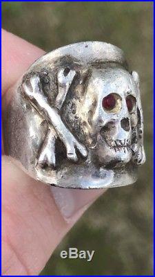 Vintage Men Sterling Silver Ruby Eye Antique Biker Skull Ring