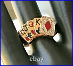 Vintage Men's 10KY Gold Diamond & Enamel 5 Poker Cards Ring SZ 10.75