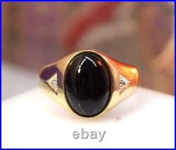 Vintage Men's 10K yellow gold black onyx cabochon diamond ring sz 12.5