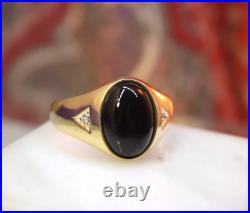 Vintage Men's 10K yellow gold black onyx cabochon diamond ring sz 12.5