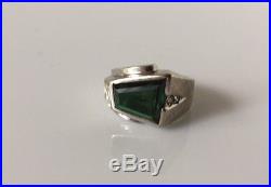 Vintage Men's 10k White Gold Green Stone & Diamond Geometric Ring Size 8