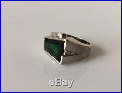 Vintage Men's 10k White Gold Green Stone & Diamond Geometric Ring Size 8
