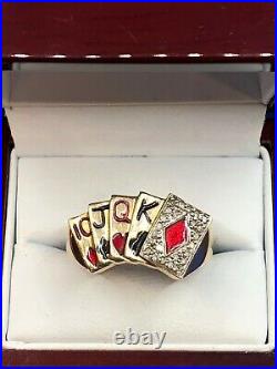 Vintage Men's 10k Yellow Gold Diamond & Enamel Poker Cards Ring