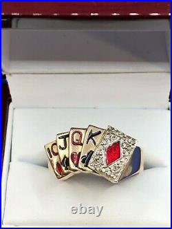 Vintage Men's 10k Yellow Gold Diamond & Enamel Poker Cards Ring