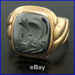 Vintage Men's 10k Yellow Gold Etched Knight Carved Hematite Ring Sz 10