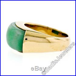 Vintage Men's 14K Solid Yellow Gold Wide Curved Custom Cut Bezel Set Jade Ring