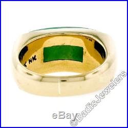 Vintage Men's 14K Solid Yellow Gold Wide Curved Custom Cut Bezel Set Jade Ring
