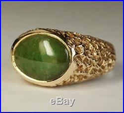 Vintage Men's 14K Yellow Gold Oval Green Jade Jadeite Ring Estate Nugget Sz 9.75