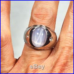 Vintage Men's 14k Solid White Gold 5.00ct Gray Star Sapphire & Diamond Ring Size
