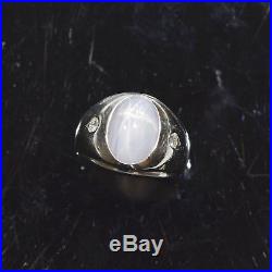 Vintage Men's 14k Solid White Gold 5.00ct Gray Star Sapphire & Diamond Ring Size