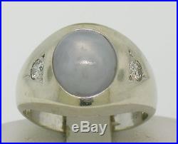 Vintage Men's 14k Solid White Gold 7.24ct Gray Star Sapphire & Diamond Ring