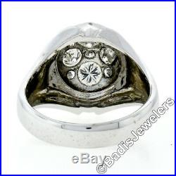 Vintage Men's 14k White Gold 1.60ctw Round Diamond Cluster Domed Florentine Ring
